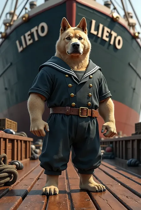 Strong stoic anthropomorphic dog in sailor outfit, standing on ship deck of tanker named "Lieto"