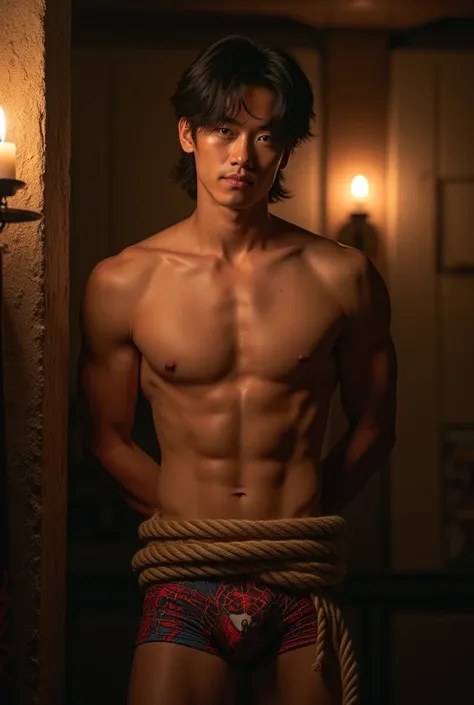 (((muscular man, shirtless))), (((handsome Chinese teenager model))), (((sixpack abs, muscular biceps and triceps))), (((young, muscular, fit, male))), (((muscular sixpack))), (((tied up completely with rope)))), (((rope tied around chest)))), (((body tied...