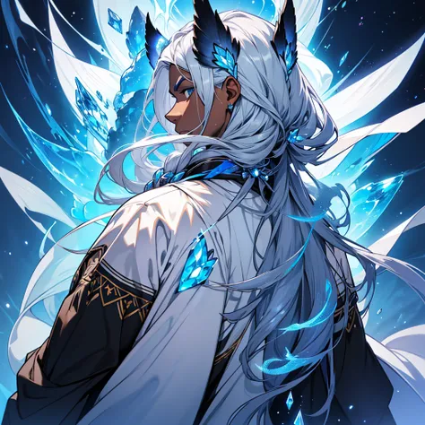 a man, black skin, with clothes similar to the orixa Oxalá, Alone, high resolution, Long silver hair with a blue diamond tied around it, Looking back without showing too much of your face, full of spirit-shaped animals around you.