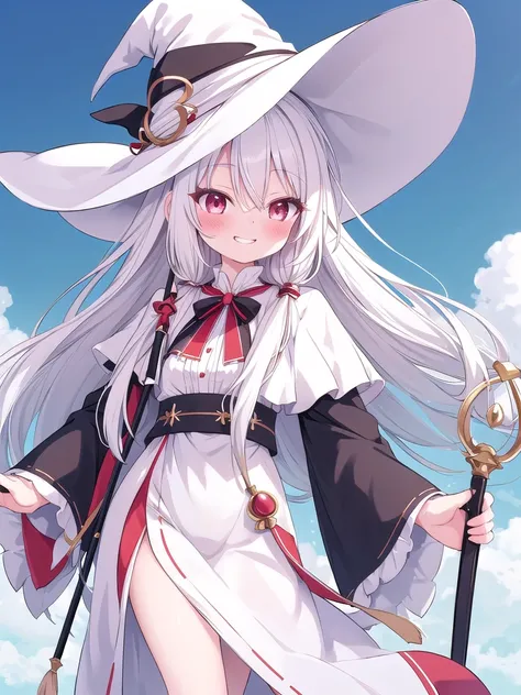 1 woman, Long hair, high resolution, Anatomically correct, High Detail, high quality, White hair,Light blush, giggle/Smile, Smug face, Witch Hat, Hair blowing in the wind，Holding a staff，Looking into the distance