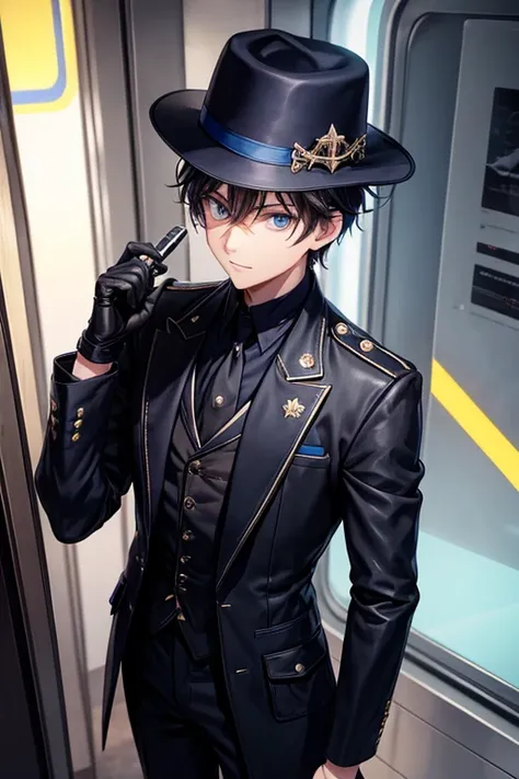 Funny anime guy with blue eyes and short brown hair, He wears all black fantasy clothes, a blue train attendant suit and black pants, with black knee-high boots, a black decorated vest, and wears black gloves. He has a light-up idol-like outfit on the top,...