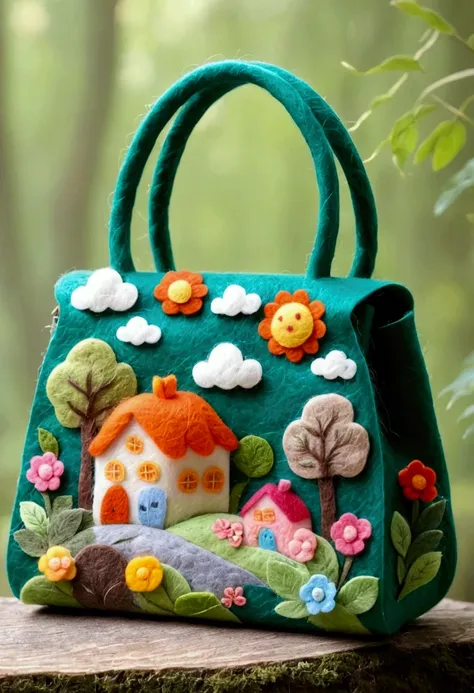 felt art：a felt handbag，forest themed pattern。product image