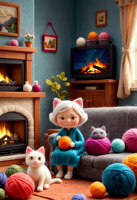 A small and cute 3D felt fiber made granny, Sitting on the sofa in the living room, knitting a sweater, a ball of yarn, a cat, a fireplace, and a TV. lighting