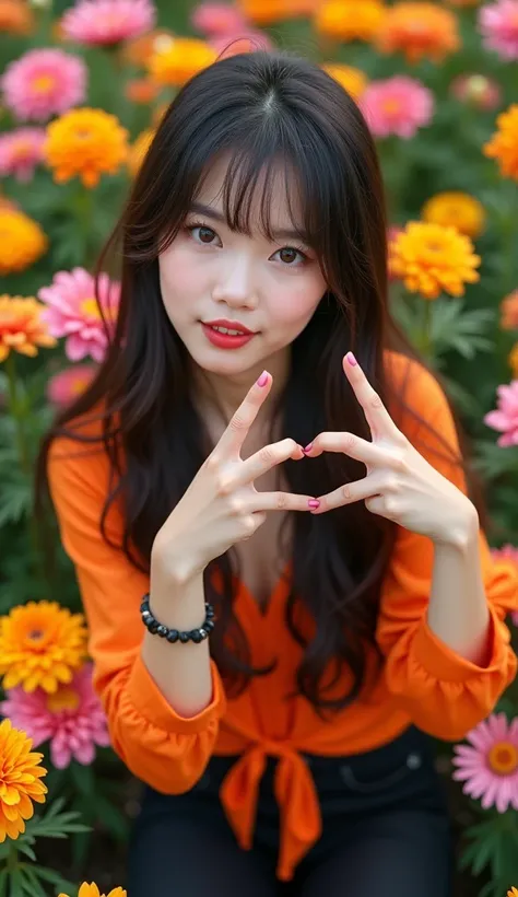 Prompt view drone camera, Art of photography, medium cloose-up, beautiful asian woman with long hair and bangs, beautiful eyes, baju kaos  orange cantik, black jeans pants, black high heels, smiling beautifully, eccentric and spoiled, while relaxing (finge...