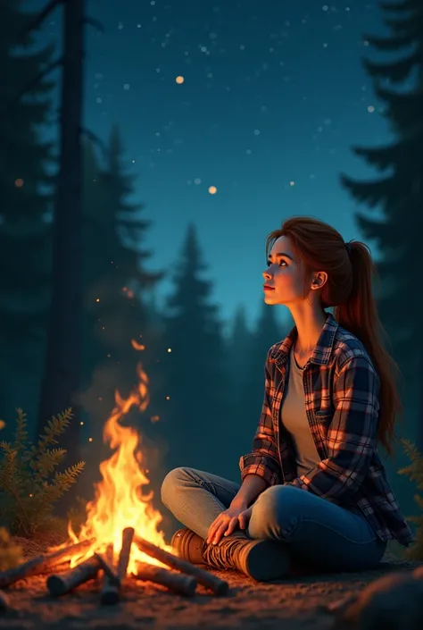 The 20-year-old Thai woman with long auburn hair pulled back in a loose ponytail sits cross-legged by a crackling campfire, gazing up at the vast, starry sky. Her large, almond-shaped emerald green eyes reflect the light of the fire, and her fair, porcelai...