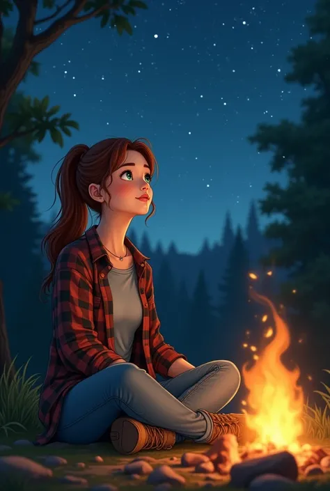 The 20-year-old Thai woman with long auburn hair pulled back in a loose ponytail sits cross-legged by a crackling campfire, gazing up at the vast, starry sky. Her large, almond-shaped emerald green eyes reflect the light of the fire, and her fair, porcelai...