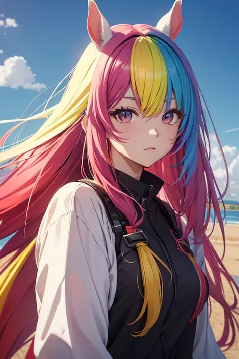 Horse Girl、Horse ears on head、Rainbow hair colour、Gradient hair color、Long Hair、Red right eye、Yellow left eye、whole body、Muscular、