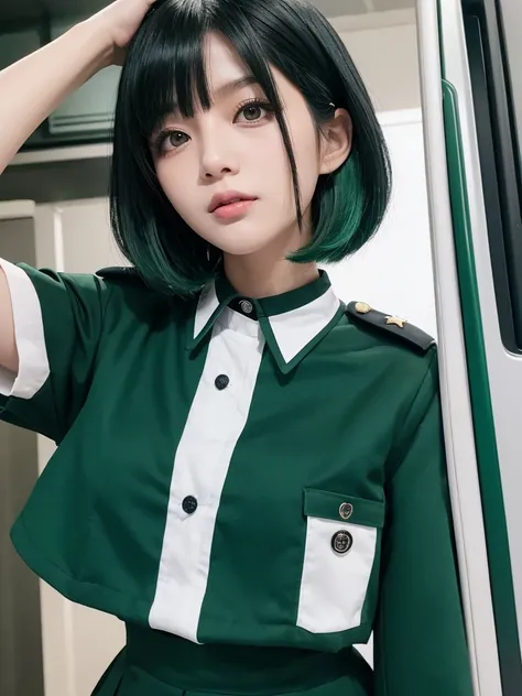 woman　Black hair, black eyes, short bob, slanted eyes　uniform（Green Hair）