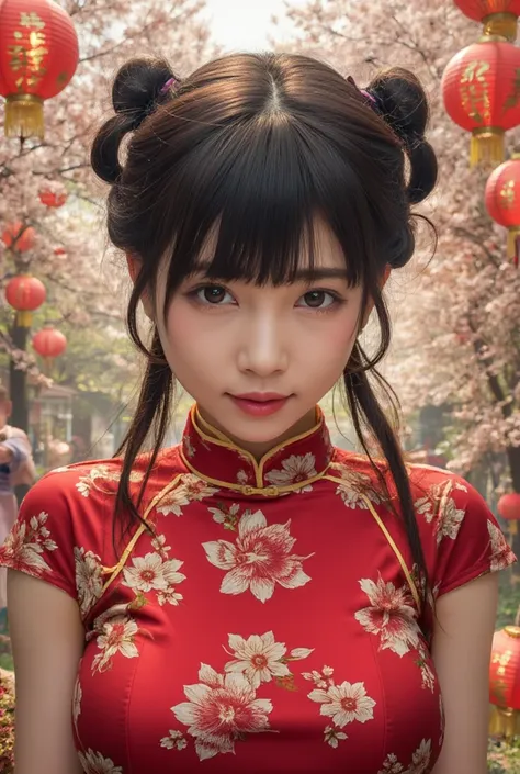 eyes are very fragile，double ponytail cheongsam，chinese new year decorations（（smile artwork）））， （（best quality））， （（intricate de...