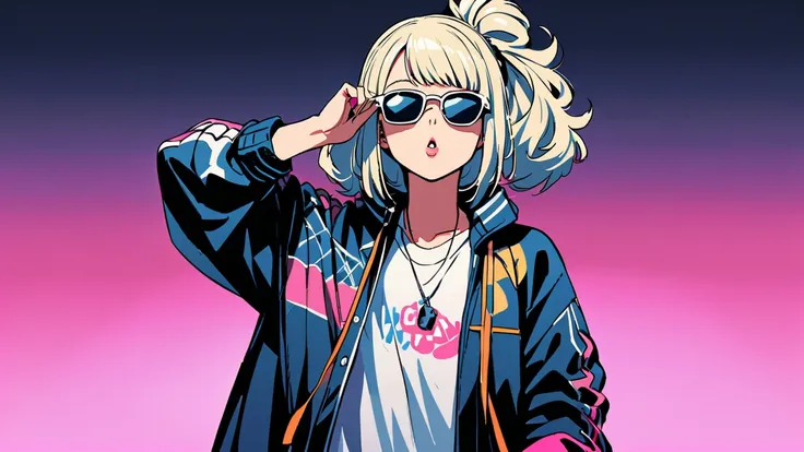 Japanese urban pop, Female singer of the 80s, 2, voluminous bob hairstyle, hair bangs, white round face, Pure image, looking away, toma frontal, --at 6.0 background Hakata, DJ Style, wears sunglasses