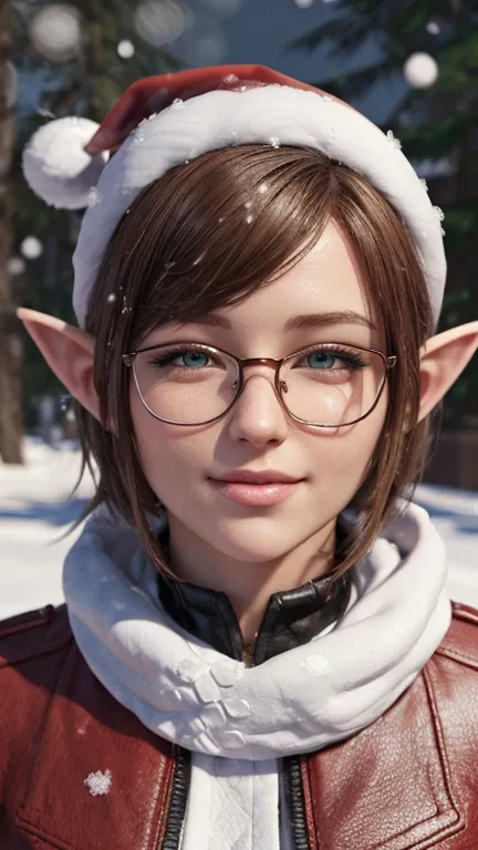 portrait, close-up, upper body. Short, red hair, green eyes, glasses with metal frames, Santa Claus outfit, joyful smile, funny elf girl . (masterpiece, high quality, top quality, official art, Beautiful and aesthetically pleasing:1.2), extremely detailed,...