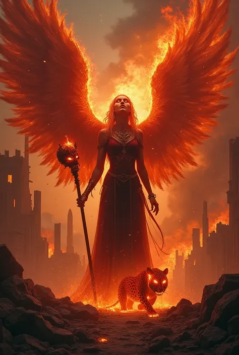 A terrifying yet mesmerizing Queen of Chaos standing tall amidst the ruins of a once majestic city. Her fiery wings, a spectacle of unbridled power and destruction, stretch out to engulf the darkened sky, casting an eerie red glow across the shattered land...