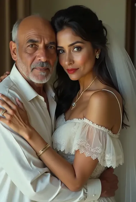 sexy beautiful Indian mother small breast, red lips, flat chest, skin white, cute mother, wearing white off the-shoulders layered wedding dress, bridal veil, perky nipples, beautiful Indian mother 50 years old, hugging 80 year old man , his hand on her che...