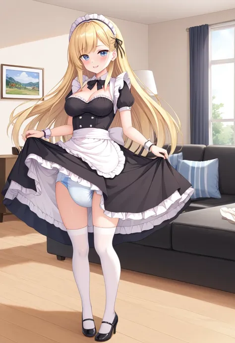 Beautiful long blonde　Girl in black maid outfit　Long skirt　Skirt lifted　diaper　living room