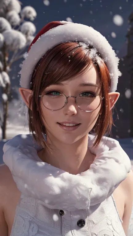 portrait, close-up, upper body. Short, red hair, green eyes, glasses with metal frames, Santa Claus outfit, joyful smile, funny elf girl . (masterpiece, high quality, top quality, official art, Beautiful and aesthetically pleasing:1.2), extremely detailed,...