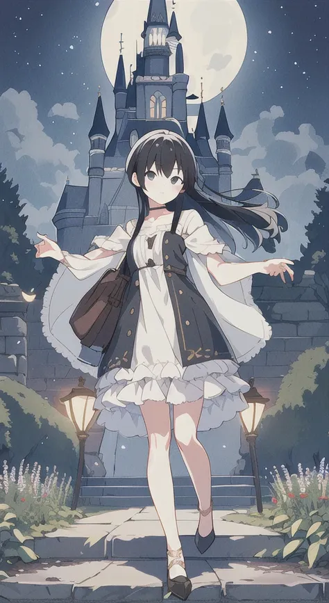 a girl with black hair walking in the castle garden on full moon night