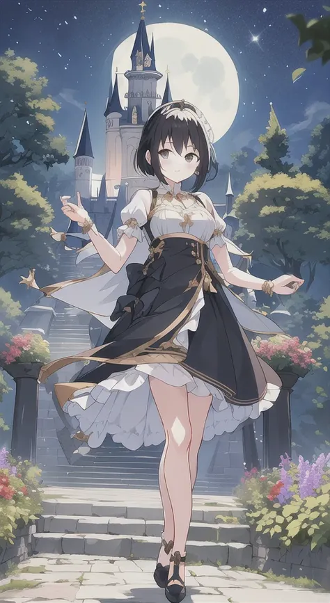 a girl with black hair walking in the castle garden on full moon night