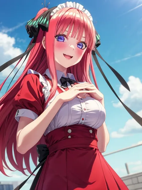 best quality, insanely detailed, breasts, blush, looking at viewer, cheerful eyes, sky background, exposed skin, glossy skin, red Maid outfit, beautiful fingers, nino nakano