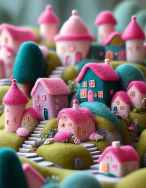 Very strong felt style. Micro Landscape， Lovely house，Rich colors，Pink Dream