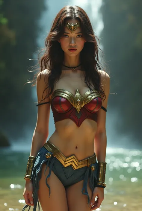 Japanese、cute、Wonder Woman。 Brown Hair、masterpiece、beautiful girl、Beautiful Eyes、Swollen eyes、A silver lining、Best Quality、超High resolution、(reality:1.4)、Cinema Lighting、so beautiful、The perfect Wonder Woman cosplay。 so beautiful顔。 Japanese、teen-ager、Beaut...