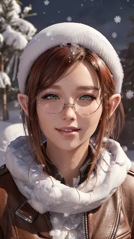 portrait, close-up, upper body. Short, red hair, green eyes, glasses with metal frames, Santa Claus outfit, joyful smile, funny elf girl . (masterpiece, high quality, top quality, official art, beautiful and aesthetically pleasing:1.2), extremely detailed,...