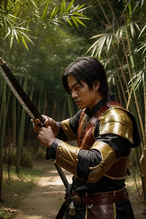 create image of Chinese warrior with calm attitude, brandishing sword, in thick bamboo forest, with sunlight behind him