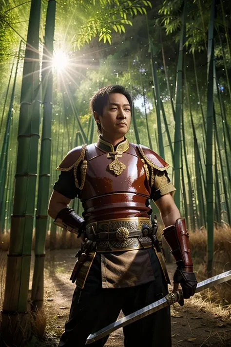 create image of Chinese warrior with calm attitude, brandishing sword, in thick bamboo forest, with sunlight behind him