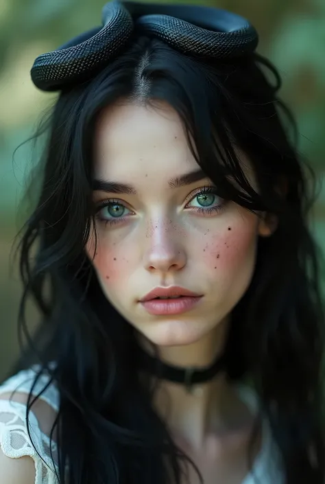 ((Close-up portrait)) of a young woman with soft pale skin, long flowing ((black hair)), and natural freckles, with a black snake on her head, piercing black eyes with bright punk makeup, soft lighting, cinematic and ethereal atmosphere, shot with a ((Cano...