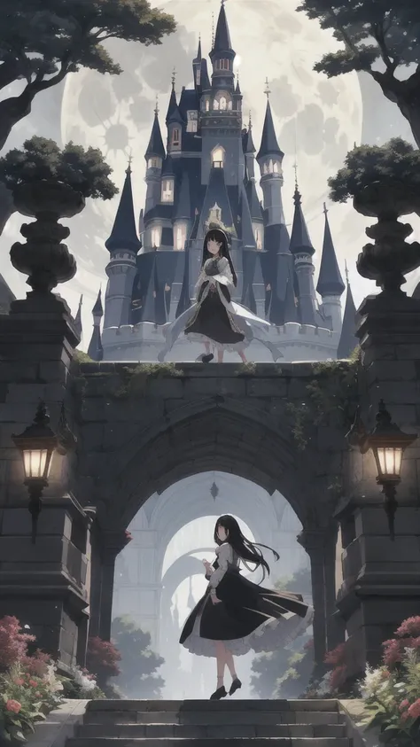 a girl with black hair walking in the castle garden on full moon night