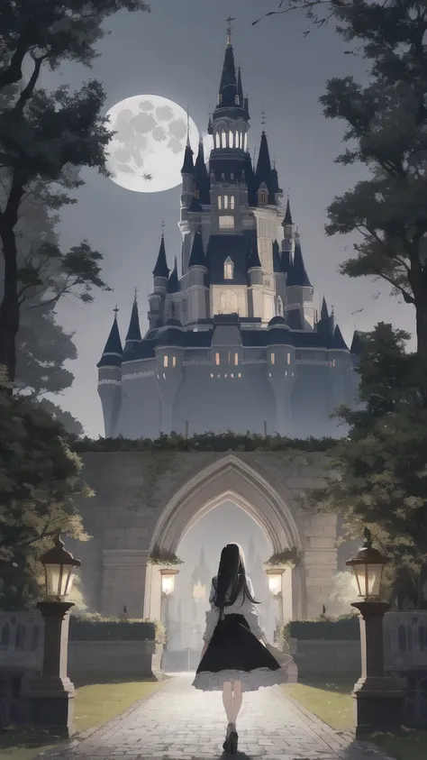 a girl with black hair walking in the castle garden on full moon night