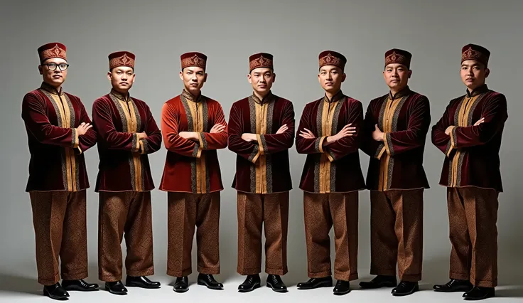 a full body group picture of brunei men wearing songkok and posing for the camera with arms closed