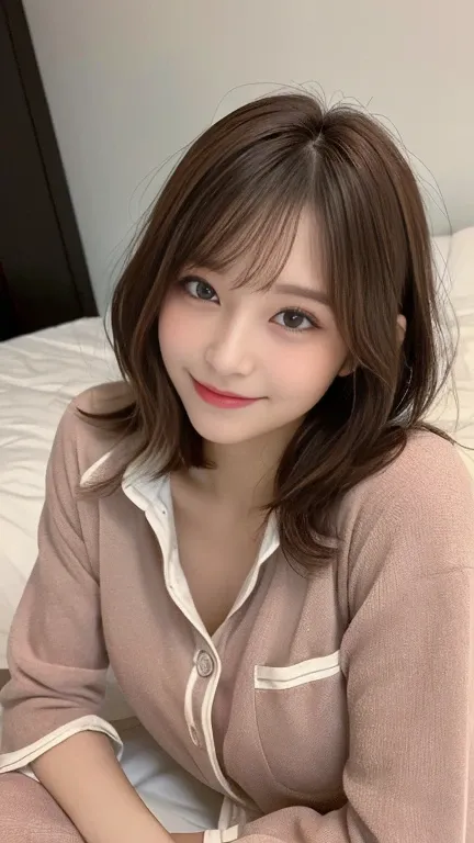 ((Best Quality、8k、masterpiece: 1.3)), Japanese women, Idol face, slim, ((Brown Hair, Bob Hair)), (casual, big:1.5), Bright colored pajamas, Super slender face, Delicate eyes, double eyelid, smile, Spread your legs, Wet, (bedroom), Lying down