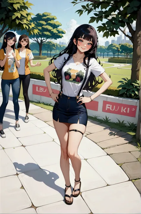 beautiful Thai teenage girl, smiling and arms akimbo pose at park, she has black long wavy hair (full bangs), wearing white v neck t-shirt, denim pencil mini skirt, suspenders, BREAK, ((masterpiece:1.2), (best quality:1.2), (very aesthetic:1.2), (absurdres...