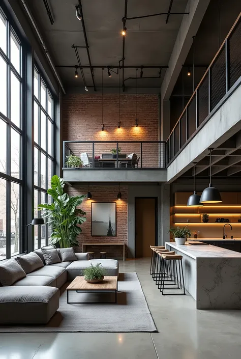 A spacious modern industrial loft with a sleek, contemporary vibe. The interior features a combination of concrete, steel, and exposed brick walls. Large, black-framed windows stretch from floor to ceiling, flooding the space with natural light. The open-c...