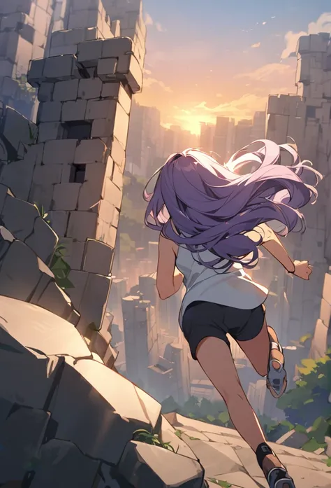 A girl,Solitary, Hello, Purple hair, Very long hair, Wavy hair, Side bangs, Broken hair, Smile, short pants, Sleeveless standing, slightly tilt your head, stone city background, sunset scene, running