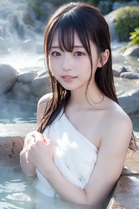 (8k、RAW Photos、Best Quality、masterpiece:1.2)、(Realistic、Photorealistic:1.3)、Ultra-detailed、One Girl、(cute:1.5)、(Laughter:1.1)、A seductive smile、Professional Lighting、Medium chest、Beautiful detailing、((A white towel is wrapped around the body:1.2))、((Nightt...