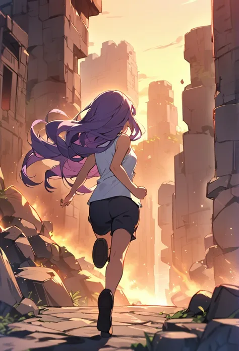 A girl,Solitary, Hello, Purple hair, Very long hair, Wavy hair, Side bangs, Broken hair, Smile, short pants, Sleeveless standing, slightly tilt your head, stone city background, sunset scene, running