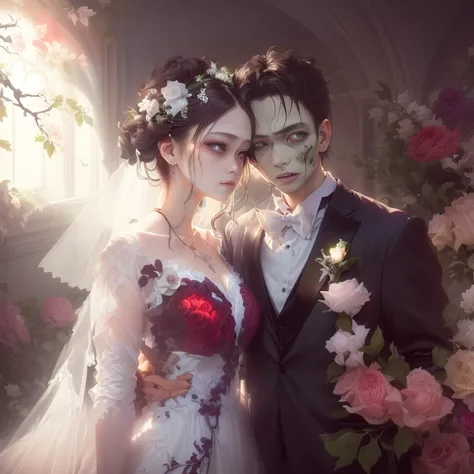 Two people standing together in a room,One person、bride:Realistic zombies,Zombie born to be a gourmet,もうOne person、bridegroom:I&#39;m fascinated by the beautiful zombie wife,A strong and gentle expression,artwork in the style of Gwaiz, Gwaiz, Wow and sakim...