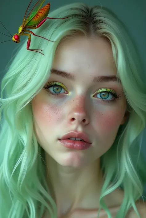 ((Close-up portrait)) of a young woman with soft pale skin, long flowing ((pastel green hair)), and natural freckles, with a colorful Mantis Insect on her head, piercing blue eyes with bright green eye makeup, soft lighting, cinematic and ethereal atmosphe...