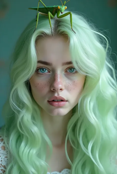 ((Close-up portrait)) of a young woman with soft pale skin, long flowing ((pastel green hair)), and natural freckles, with a green Mantis Mantodea on her head, piercing blue eyes with bright green eye makeup, soft lighting, cinematic and ethereal atmospher...