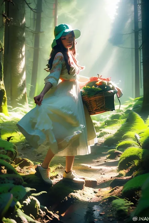 girl in the forest. The forest consists of huge, beautiful mushrooms with rainbow caps.. A girl stands among these mushrooms with a basket. The girl is wearing a hat in the shape of a fly agaric hat. There is a light fog in the forest. The forest is magica...