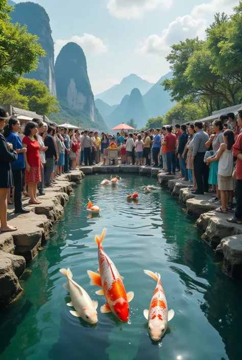 hangzhou, crowd people surround the fish pond, with a group of fish competing for food.

full body, Professional, perfect composition, ultra-detailed, intricate details