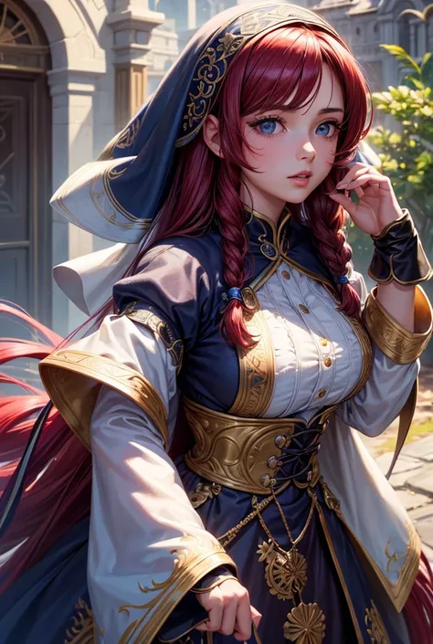 a beautiful girl with long lilas  hair, blu eyes, wearing a red pirate outfit, large and prominent breasts, detailed intricate face, long braided hair, photorealistic, high quality, 8k, masterpiece, (best quality,4k,8k,highres,masterpiece:1.2),ultra-detail...