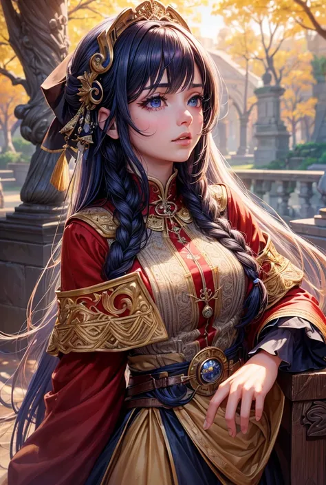 a beautiful girl with long lilas  hair, blu eyes, wearing a red pirate outfit, large and prominent breasts, detailed intricate face, long braided hair, photorealistic, high quality, 8k, masterpiece, (best quality,4k,8k,highres,masterpiece:1.2),ultra-detail...