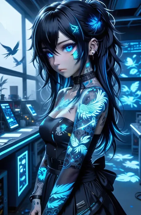 masterpiece-quality, Anime style, alone, sexy girl, big, Black emo hair, ((Blue highlights in hair)), (Long, messy hair), Blue eyes, Nose Piercing, Ear Piercing, Black painted nails, body covered in tattoos, white tattoo, Black strapless dress, Skirt dress...