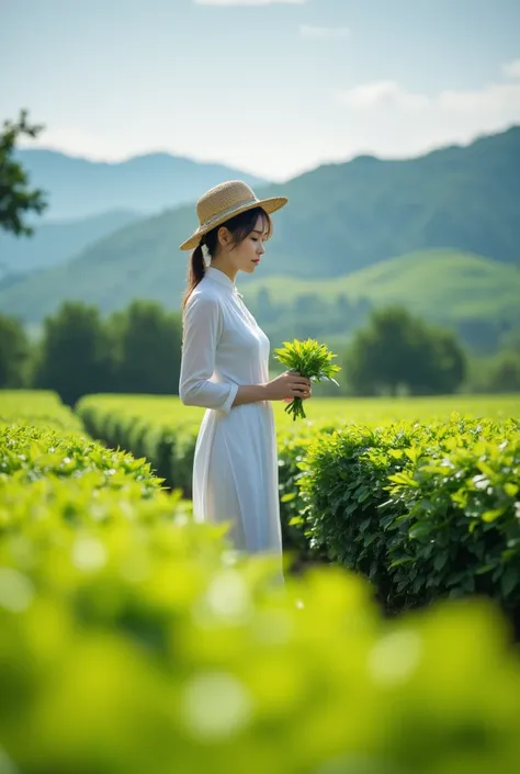 West Lake Longjing Tea Garden, a Tea Picking Girl.

full body, Professional, perfect composition, ultra-detailed, intricate details