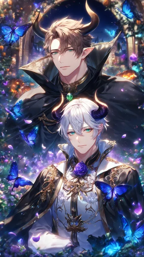 absurdres, highres, ultra detailed, HDR, master piece, best quality, extremely detailed, detailed eyes, detailed face, Ikki, white hair, expressive blue eyes, Amnesia Memories, Kent, ash-brown hair, expressive green eyes, two sexy men together, gay couple,...