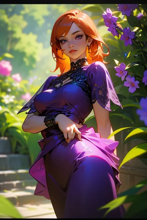 a beautiful young woman with vibrant orange hair and captivating purple eyes, wearing an elegant purple dress, posing gracefully in a lush garden setting, ultra-detailed, photorealistic, cinematic lighting, intricate background details, vivid colors, maste...