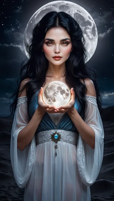 Beautiful black haired woman holding the moon in her hands. Dark and beautiful atmosphere. Woman holding a beautiful bright moon in her hands. woman goddess. 