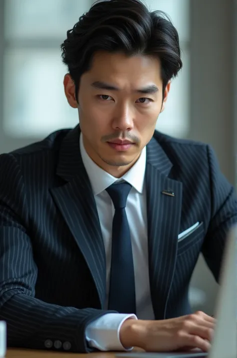 Handsome new employee，30 year old Japanese male, businessman clothing,Wearing a very high-end striped suit, The scene is in the office, He is sitting in front of his laptop, (CG Unity 8K HD Photo), (Photo-realistic), ((best quality)), Very detailed, (maste...